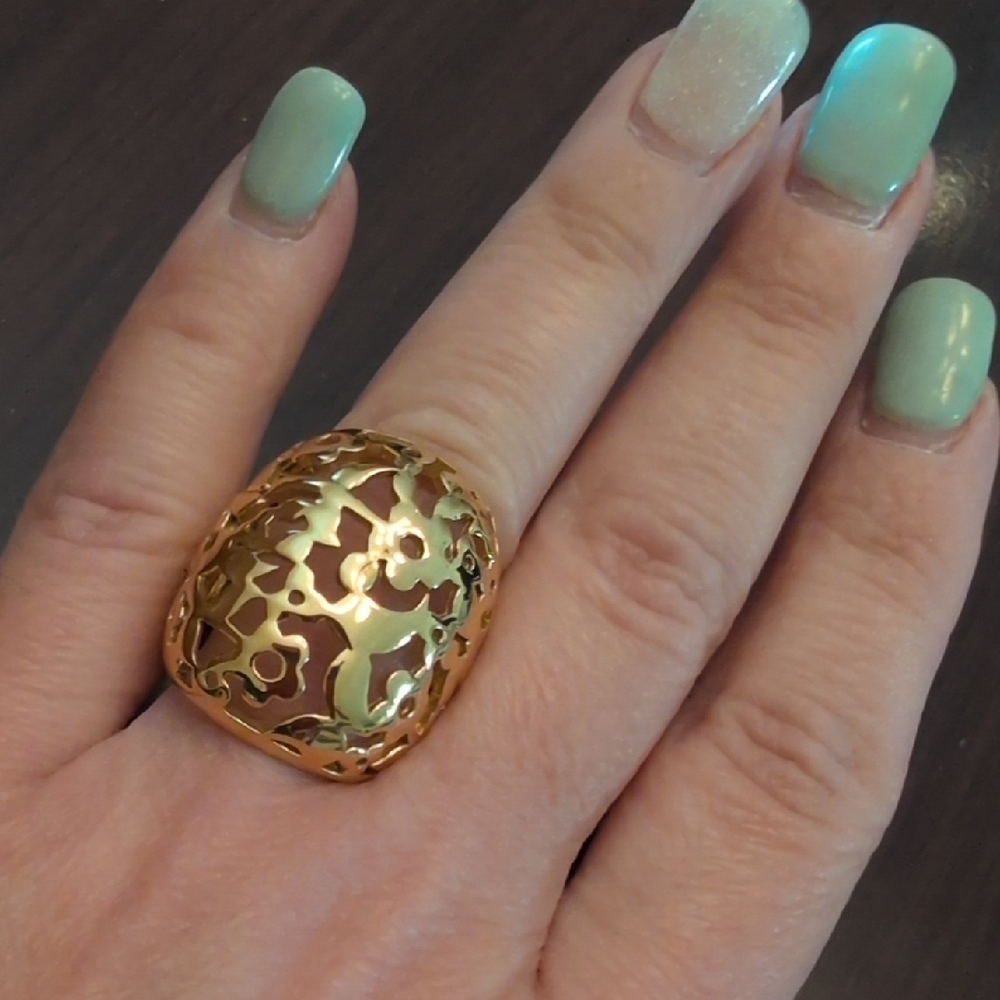 DSMK Stainless Steel Gold-Tone Filigree Dome Ring